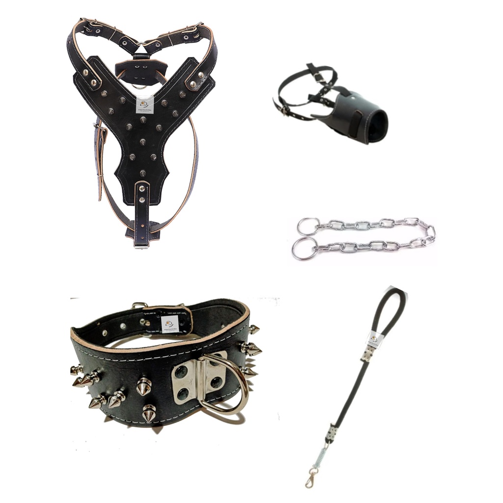Kit Peitoral Luxo + Coleira Spike + Focinheira + Guia e Enforcado elo reto