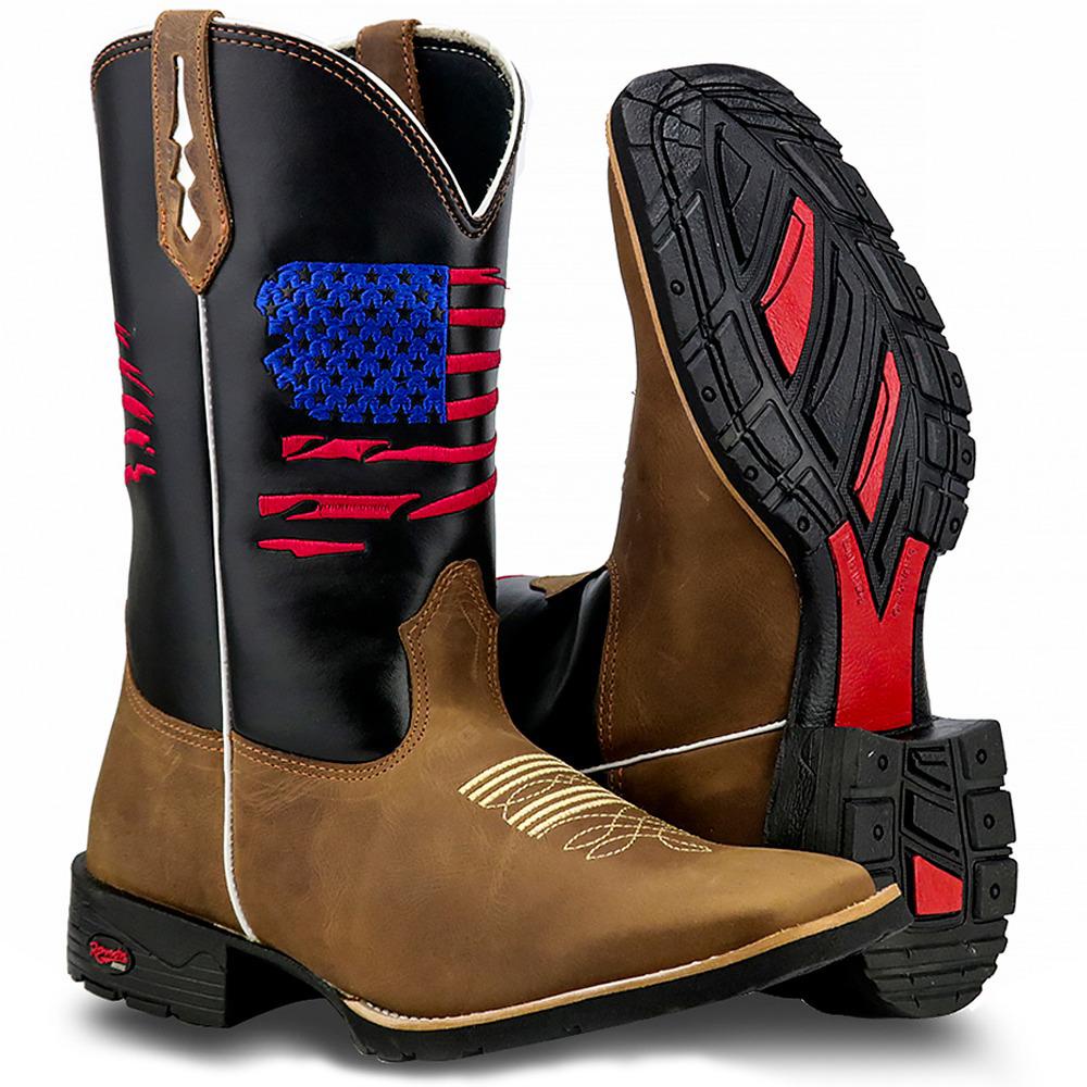 Bota Texana Bico Quadrado Country Em Couro Bordada