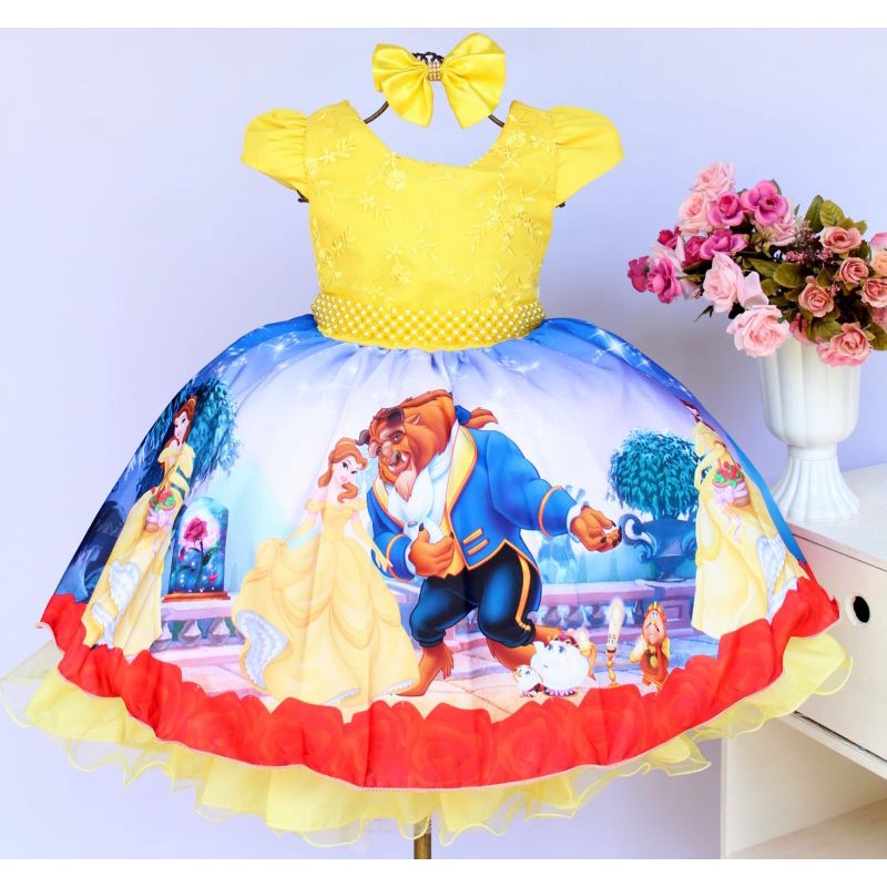 Vestido Infantil Tema Bela E A Fera Festa Luxo E Tiara Exclusivo