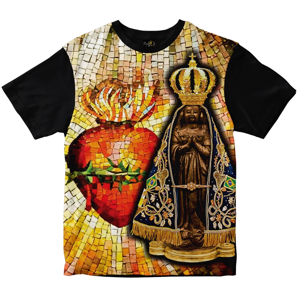 Camiseta Nossa Senhora Aparecida Padroeira e Coração Eucarístico preto Rainha do Brasil