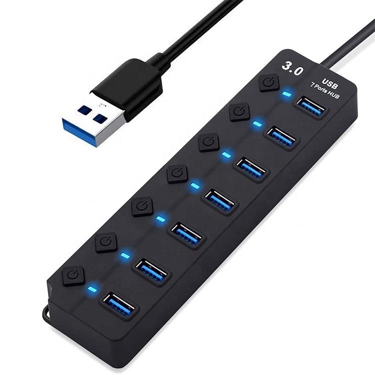 Porta 7 USB3.0 Adaptador Portátil USB Hub Multiport 3.0 Portas Com Interruptores Indivíduo LED Conversor 5 5Gbps De Transferência De Dados Para PC