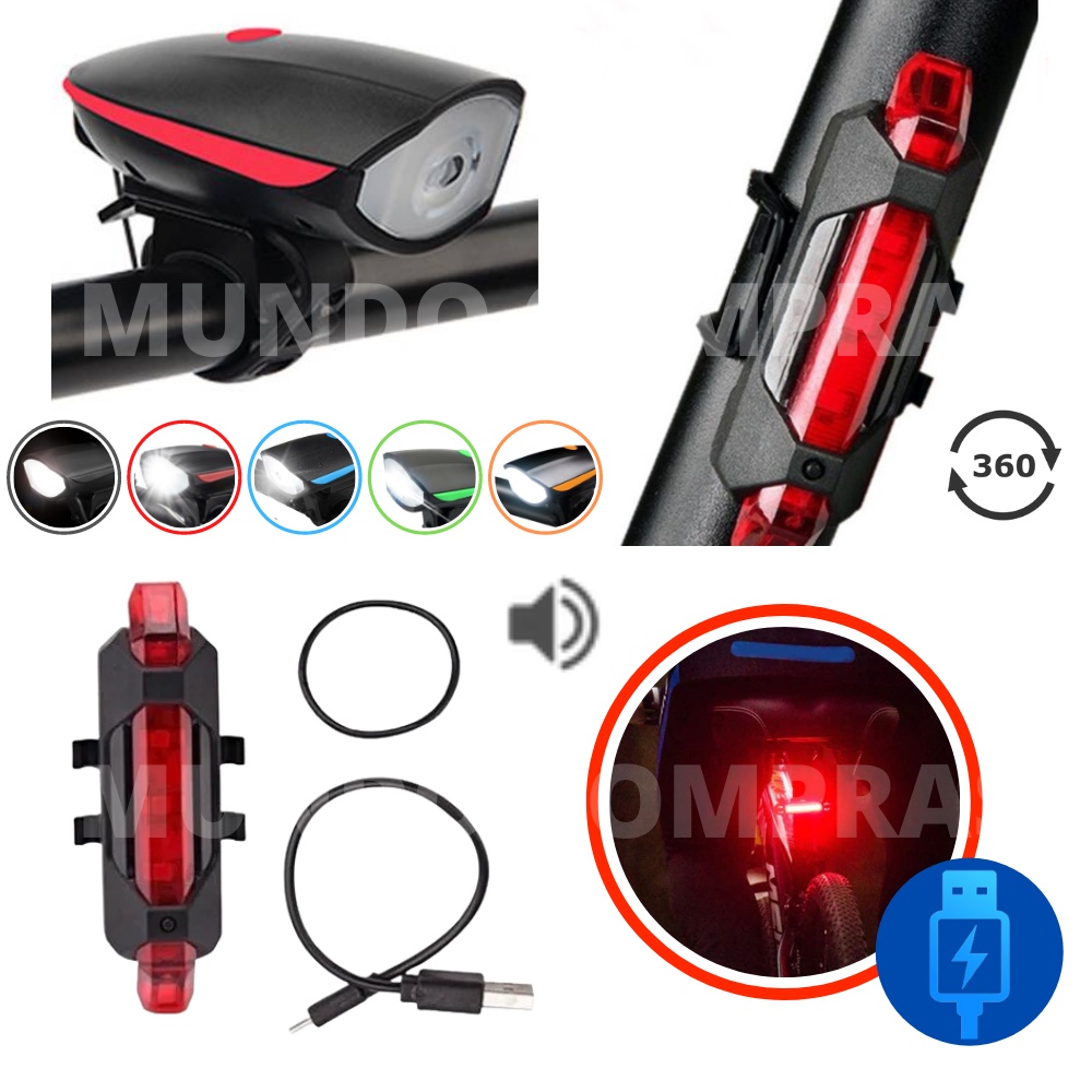 Farol Bike Recarregavel Com Buzina E Sinalizador Traseiro