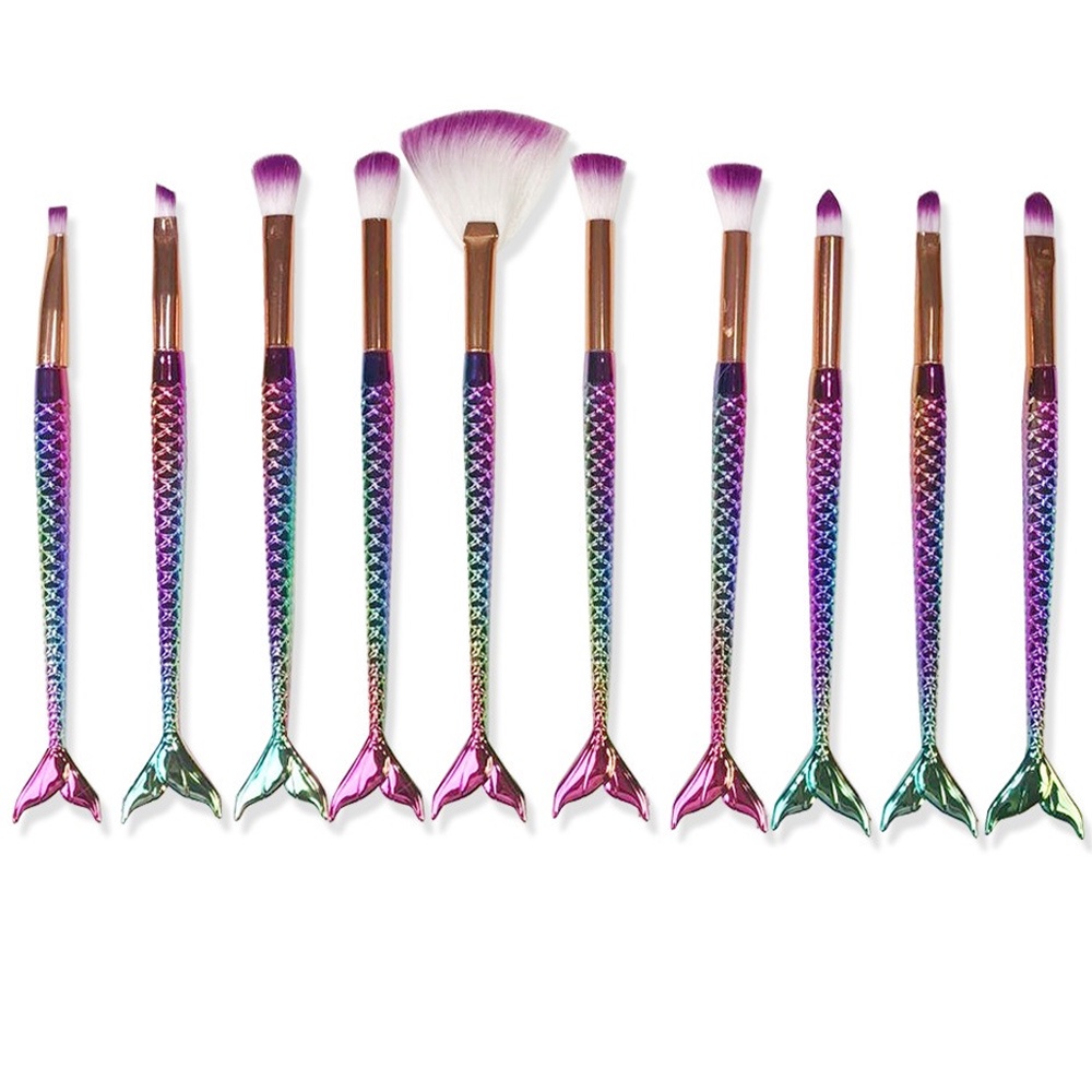 Pincel Sereia Kit 10 Peças Mermaid Sombra Corretivo Iluminador Delineador Maquiagem Make Up