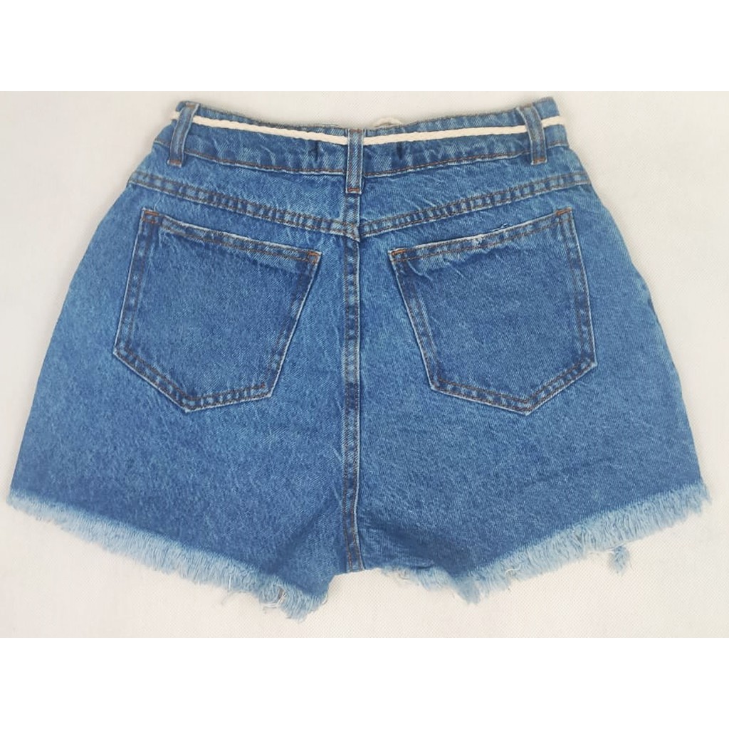 Short Jeans Feminino Rasgado Destroyed Cordão Cintura Alta Azul Aço