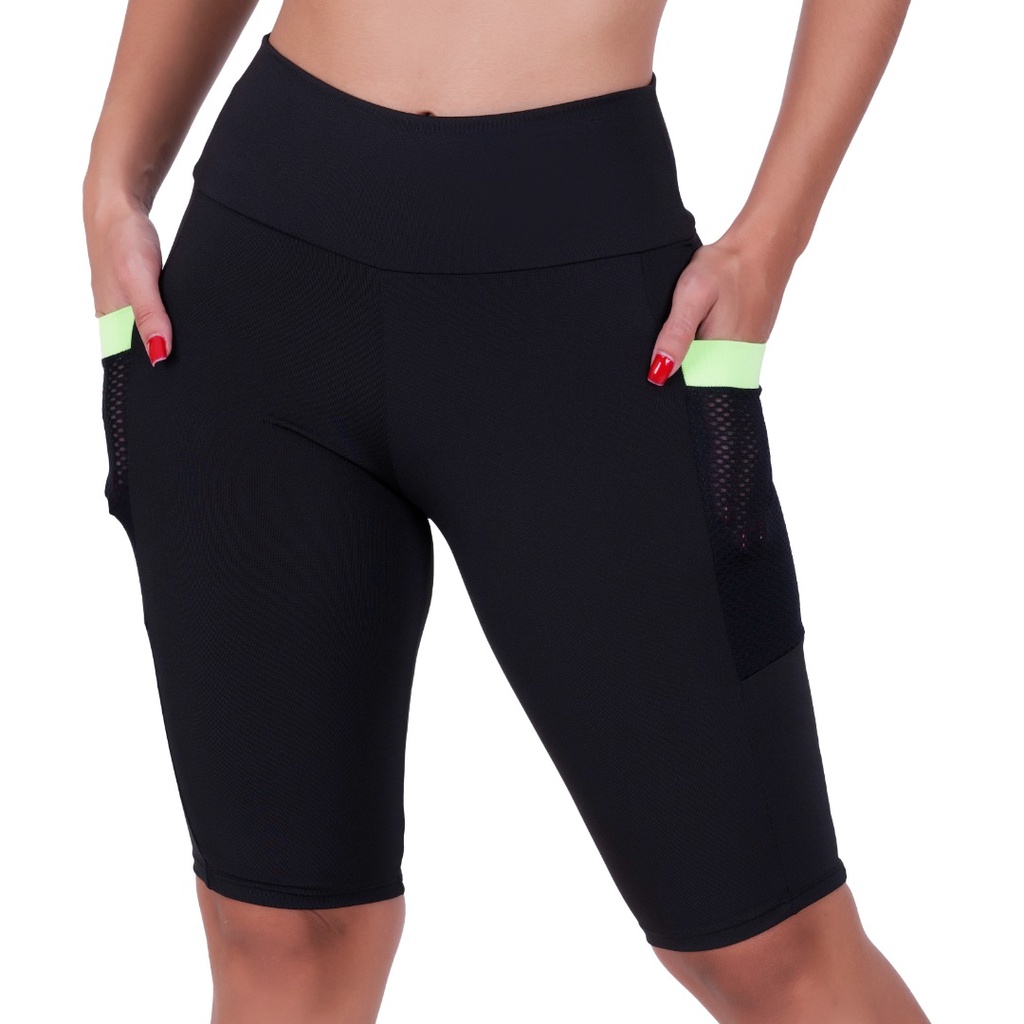 Bermuda Legging Ciclista Feminina Suplex Fitness Academia Bermuda Ginástica Com Bolso Cintura Alta