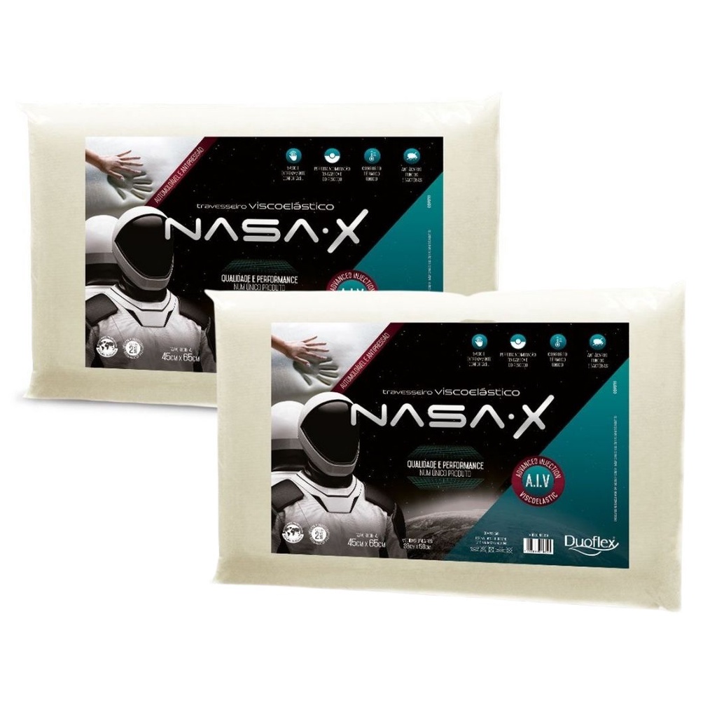 Kit com 2 Travesseiros Viscoelástico c/ Espuma Nasa-X Antiácaros Fungos e Bactérias Duoflex NS3200