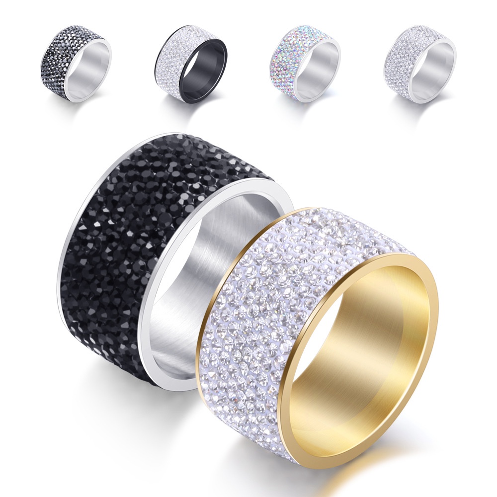 12mm De Aço Inoxidável 8 Fileiras Cristal Pavimentar Anéis De Casamento Presente De Aniversário Joias Da Moda
