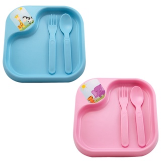 Prato infantil com talheres animais nas cores azul e rosa