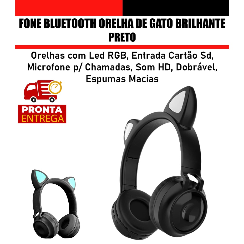 Fone de Ouvido Bluetooth Orelha de Gato Brilhante com Microfone Interno + Entrada Sd Preto