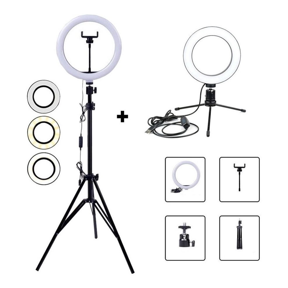 Kit 1 Ring Light Professional 26cm com Suporte para Celular e 1 Ring 16cm com Tripé