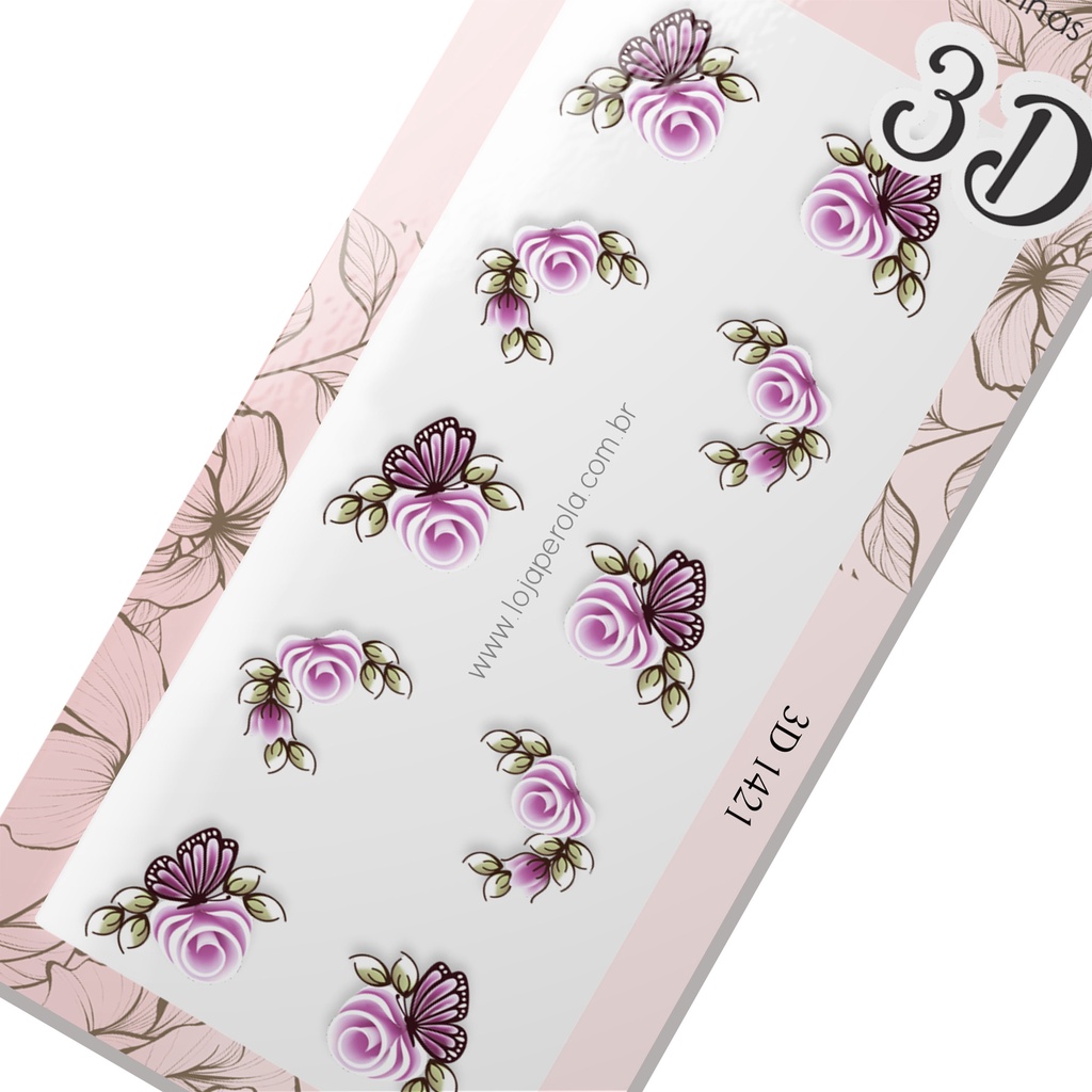 Adesivo de Unha 3D- Rosas Lilás carga Dupla e borboletas-3D 1421