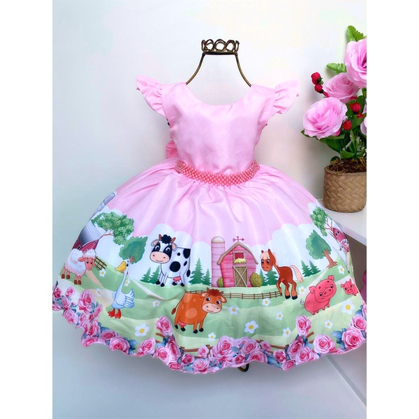 Vestido Temático Infantil Festa Fazendinha Florido Rosa chácara granja rancho sítio Aniversário Luxo Tam 1 Ao 3 Anos