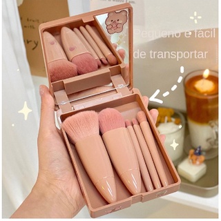 Mini Espelho De Maquiagem Portátil Com 5 Pcs Pincéis De Maquiagem Lupa Mão Segurar Bolso Dobrável Maquiagem