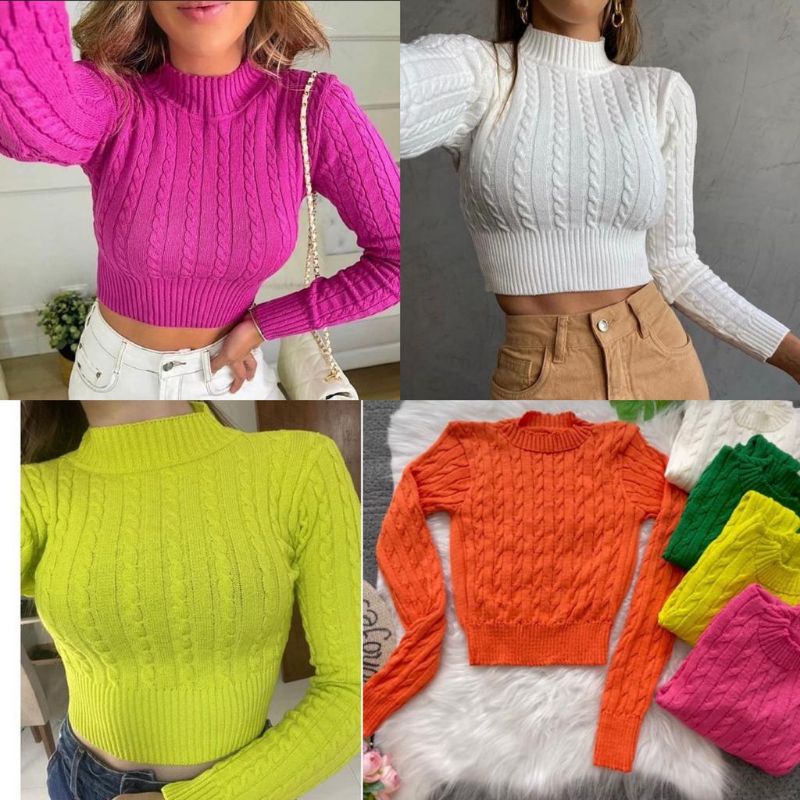 Croped Tricot Manga Longa Trançado Golinha Alta