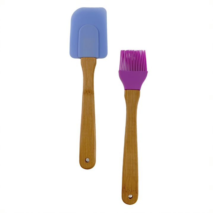 Kit Confeiteiro 2 Pçs: Espátula + Pincel Silicone Cabo Em Bambu Utensílios De Cozinha Confeitar