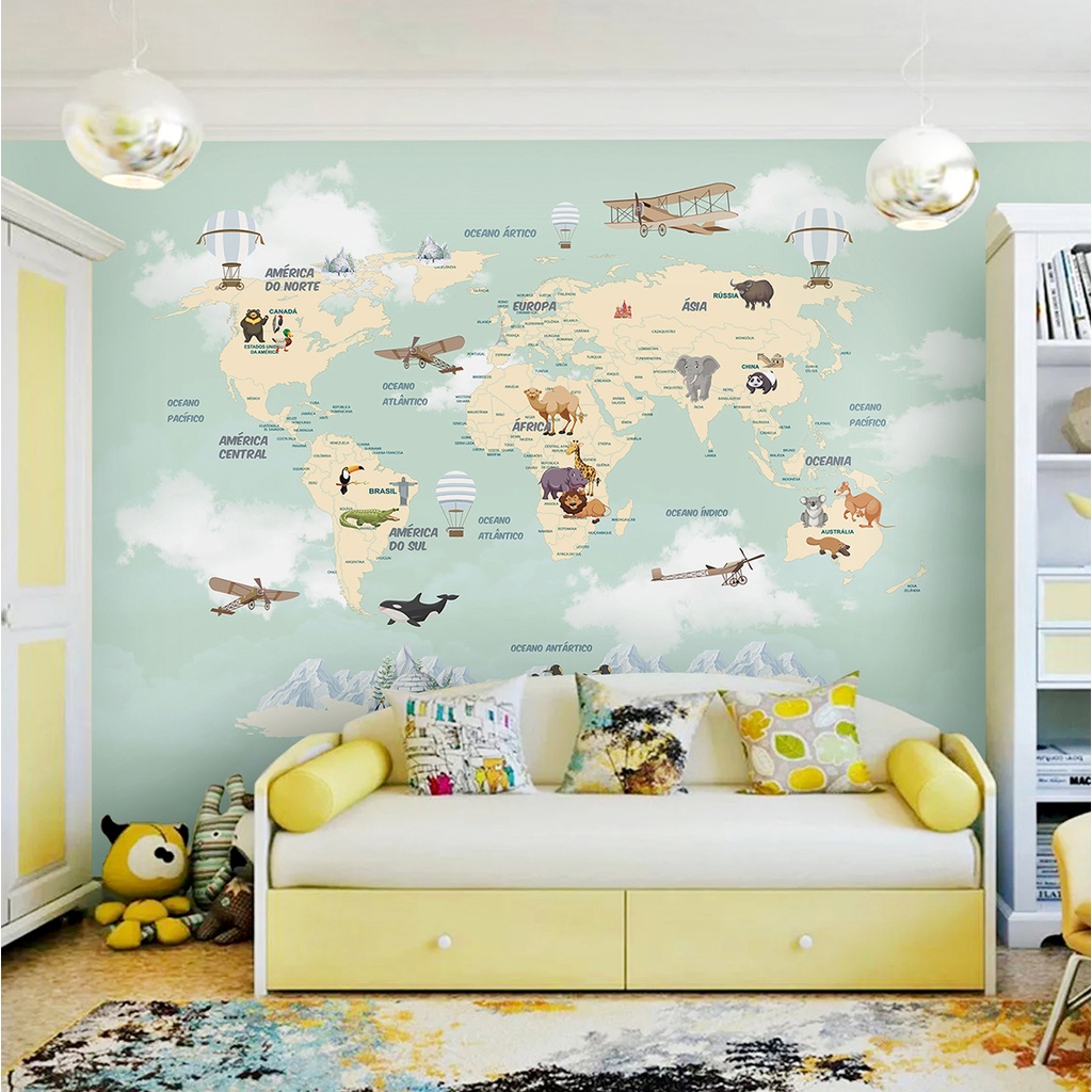 Papel de Parede Mapa Mundi Safari Cores Personalizadas Quarto Infantil e Bebê m² em Oferta na Shopee