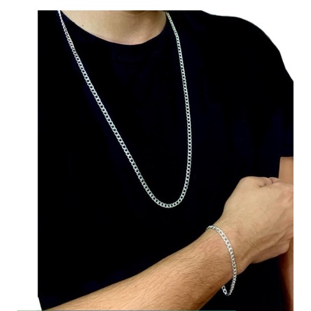 Kit Corrente E Pulseira 60 cm Banhado Prata  Masculina em Oferta na Shopee