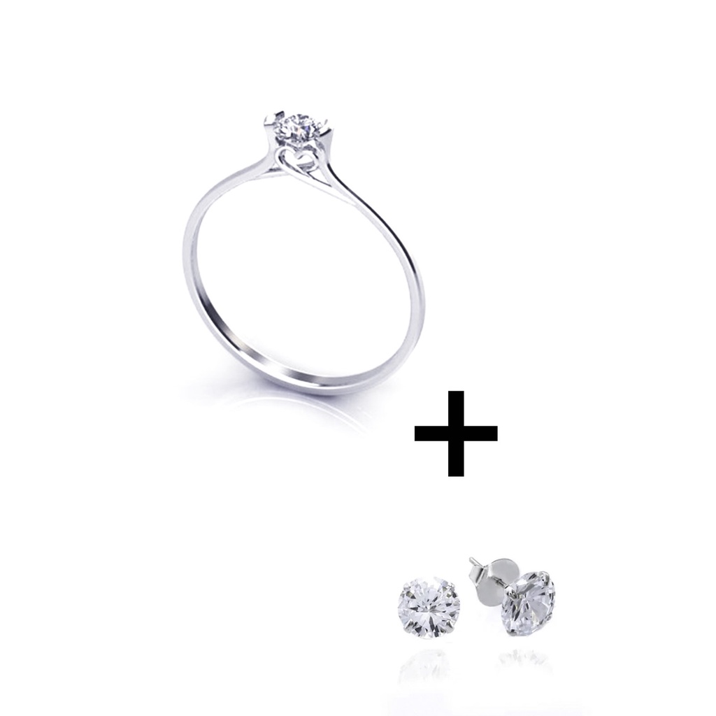 Anel solitario coração eterno amor prata 950 + Brinco 4mm