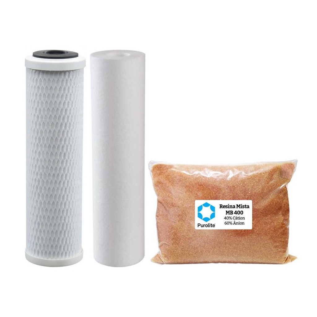 Kit de refil para deionizador contendo dois cartuchos cilíndricos brancos e um saco plástico com resina mista Purolite MB400