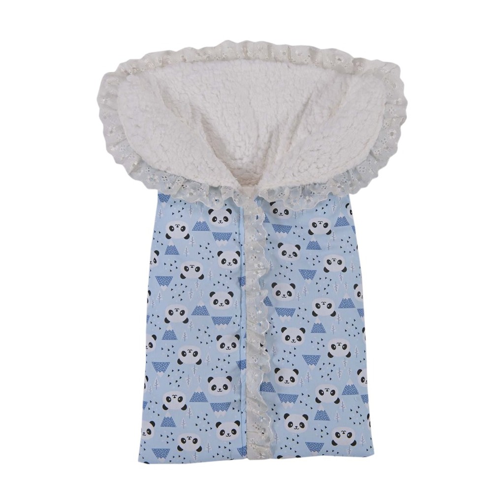 Porta Bebê Menino Panda Azul Bebê 100% Algodão - Saco Carregar Bebê Estampa Panda Azul com Pelo Carneiro Forrado - Saida Maternidade Inverno Menino