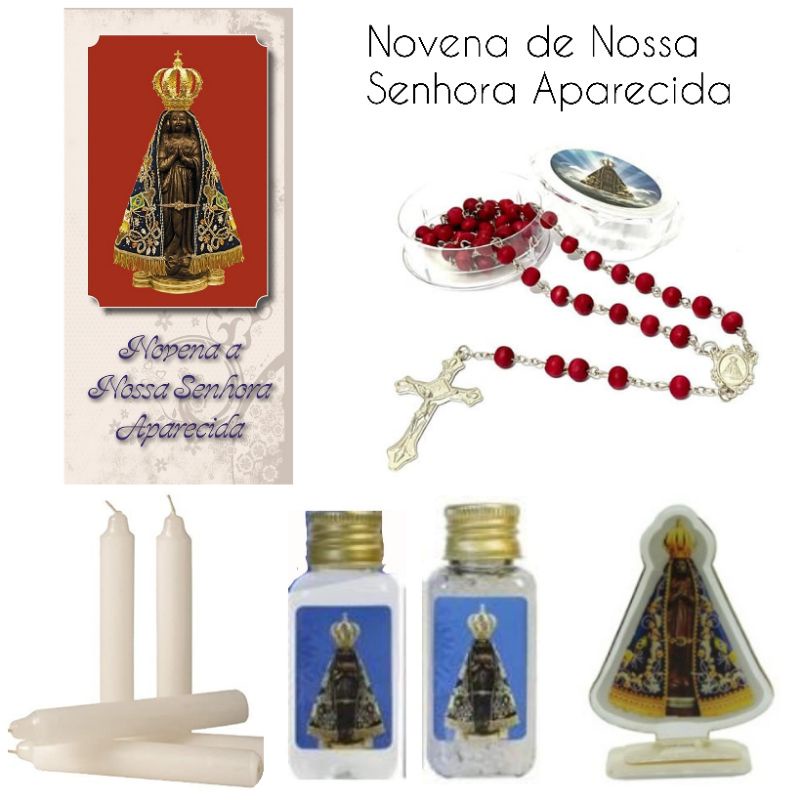 Novena de Nossa Senhora Aparecida com terço, vela, água, sal e imagem de Nossa Senhora Aparecida