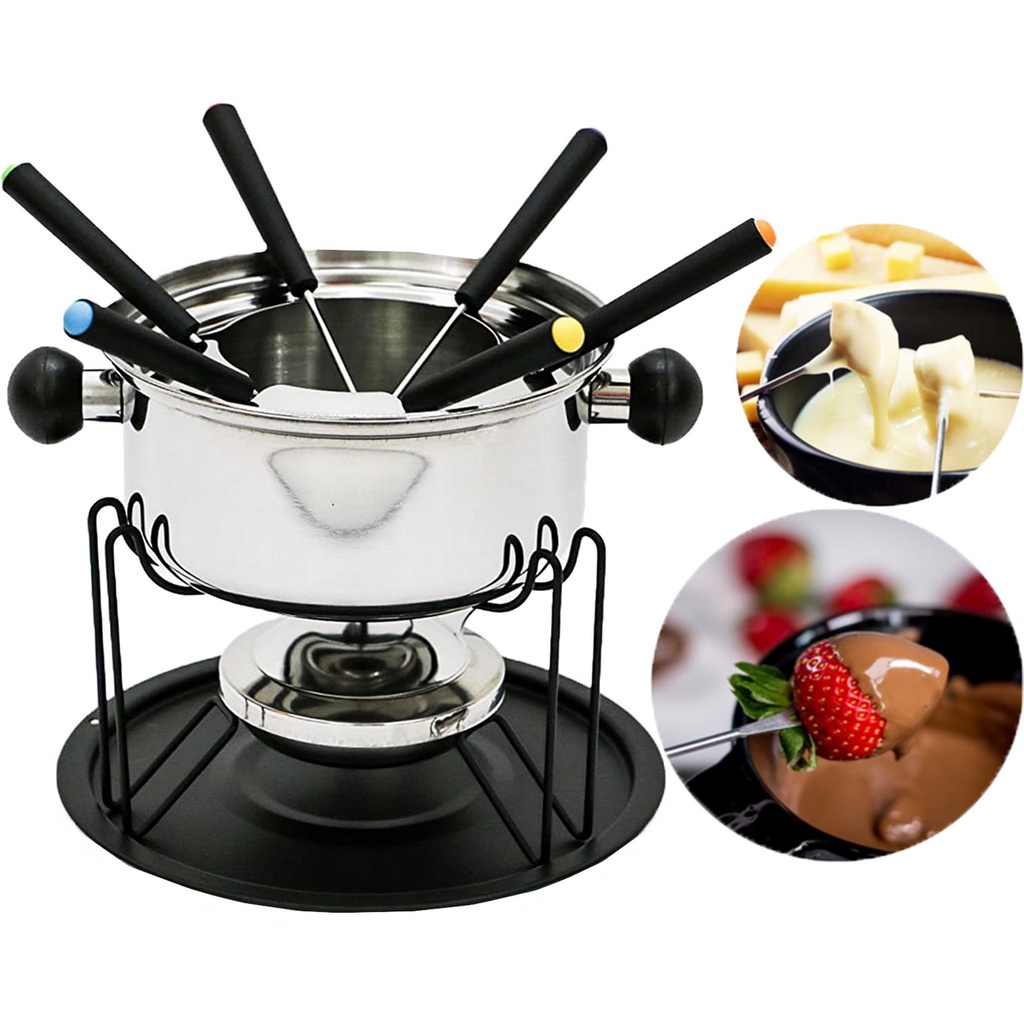 Panela De Fondue Conjunto Aparelho Fundi Queijo Chocolate 11 Peças Inox Com Base Doces Salgados