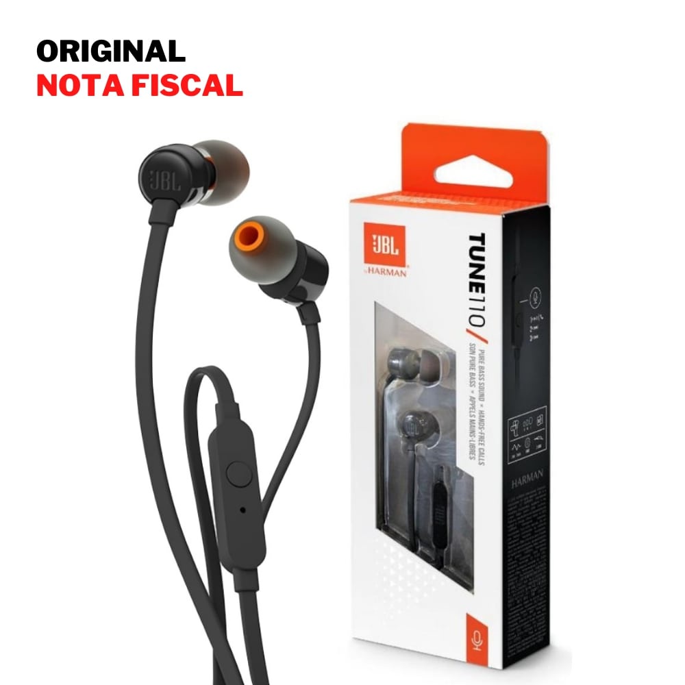 Fone de Ouvido JBL Tune 110 Preto Pure Bass com Microfone e Controle para Atender Chamadas T110 BLK