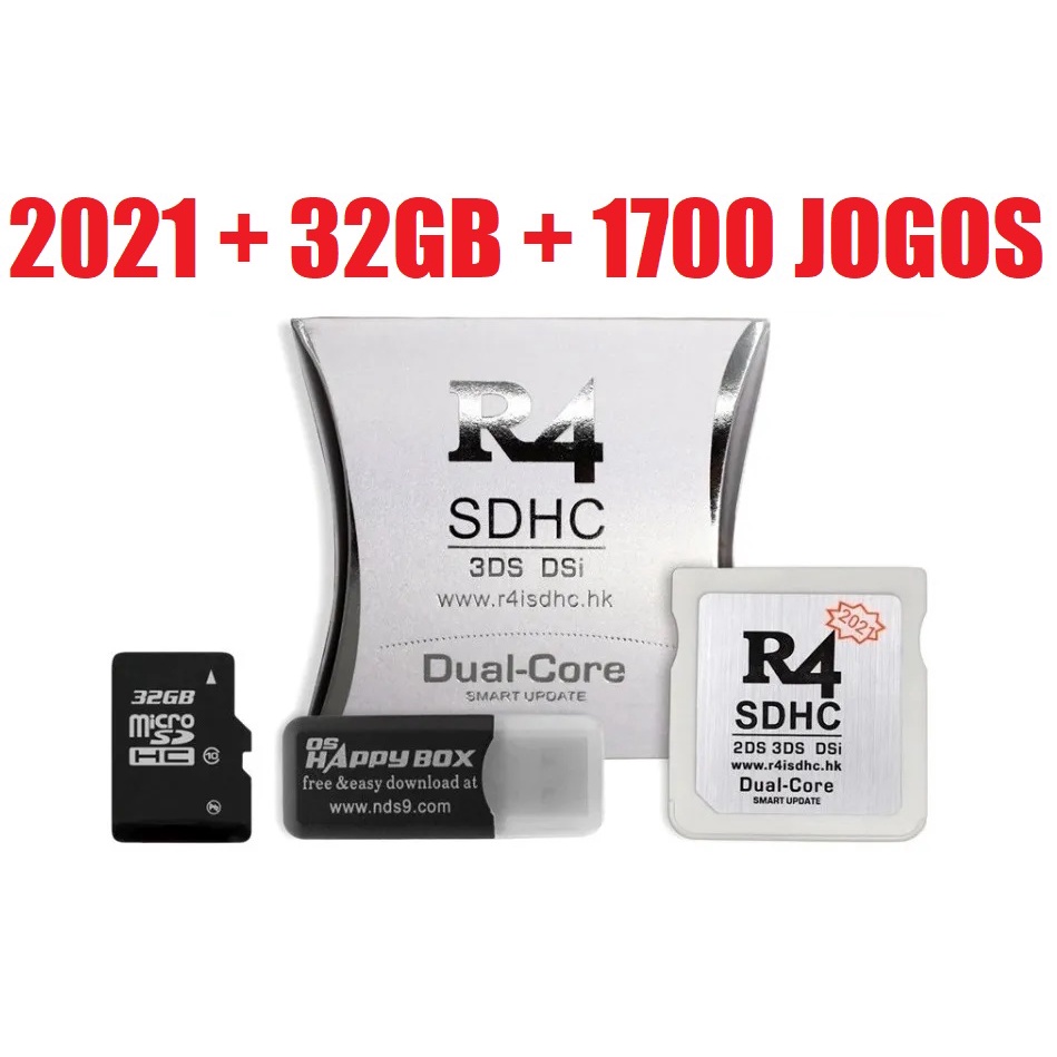 Cartucho R4 Gold Pro + 32gb lotado de jogos Nds + 8 Emuladores Nintendo