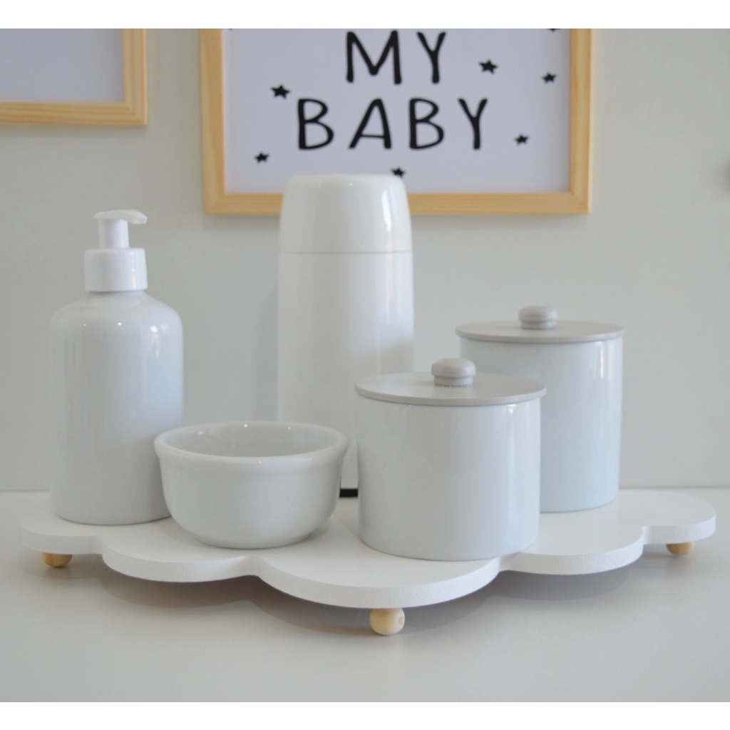 Kit Higiene Porcelanas K083 Bebê Moderno Bandeja Nuvem Branca Térmica 250 ml Promoção