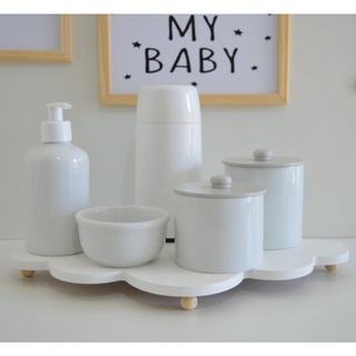 Kit Higiene Porcelanas K083 Bebê Moderno Bandeja Nuvem Branca Térmica 250 ml Promoção