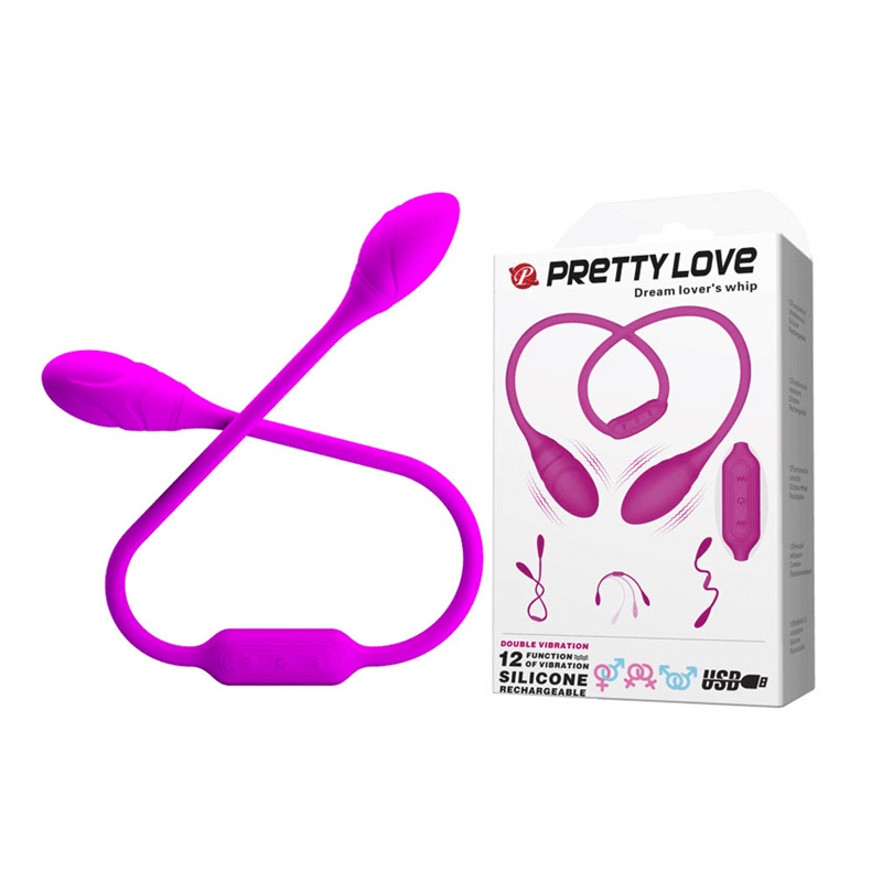 Vibrador Recarregável Duplo Unissex com 12 Modos de Vibração em Cada Motor e Resistente à Água - Pretty Love Dream Lover's Whip - 67 x 3,2 cm