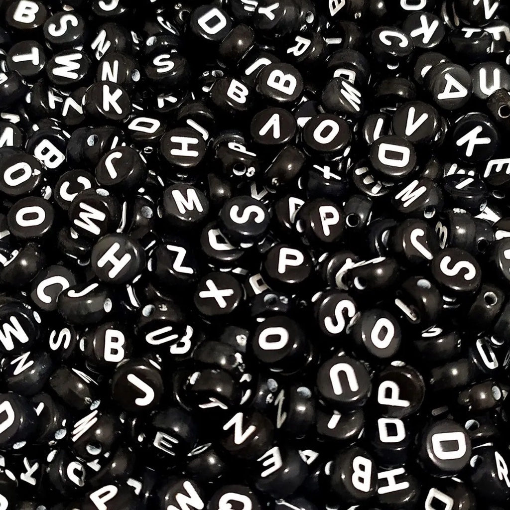 10 Peças Miçanga Infantil Alfabeto A - Z Redondo Preto Letra Branco 7mm Entremeio Furo Passante