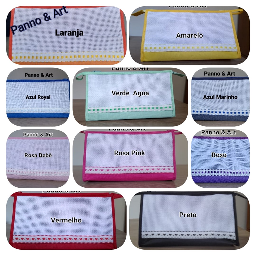 Kit10 Necessaires para Bordar em Ponto Cruz 7X12X21cm. Tem Etamine apenas num lado só.