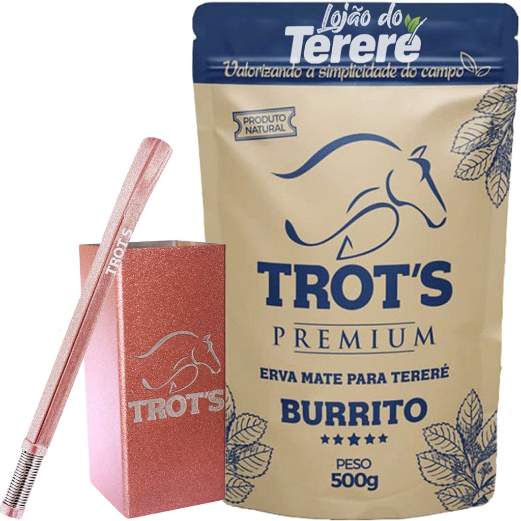 KIT TROTS ROSE: ERVA TERERE 500G + COPO DE INOX QUADRADO + BOMBA DE INOX QUADRADA C/ MOLA