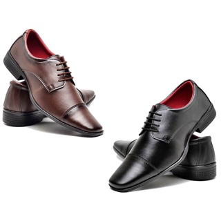Kit 2 Pares de Sapato Social Masculino de Cadarço Amarrar Preto e Marrom Bico Fino