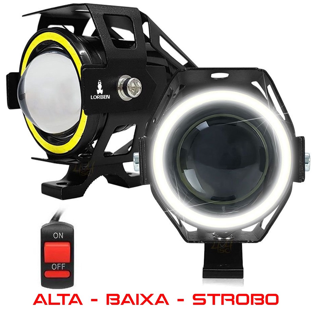Kit 2x Farol de Milha Lorben Luz Led Moto Universal Alumínio U7 Angel Eyes com Interruptor