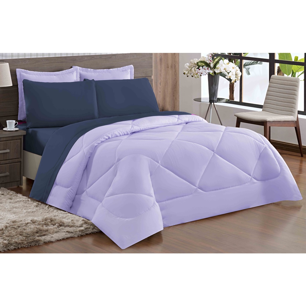 Kit Edredon dupla face Casal Queen 05 Peças Lilas com Azul Marinho