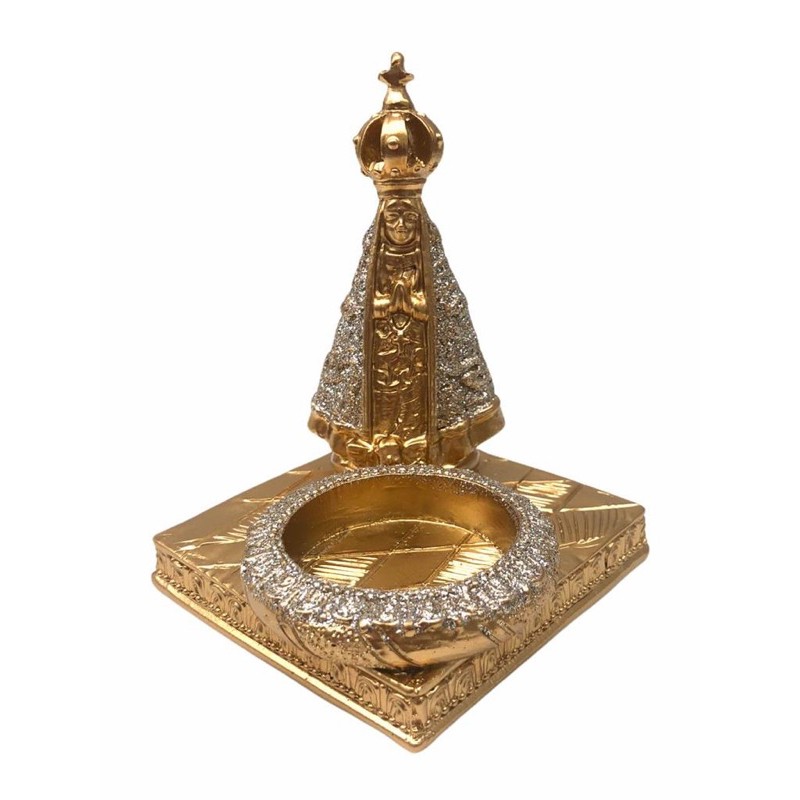 Castiçal Porta Vela com Imagem Nossa Senhora Aparecida Dourada em Resina Decoração Religiosa