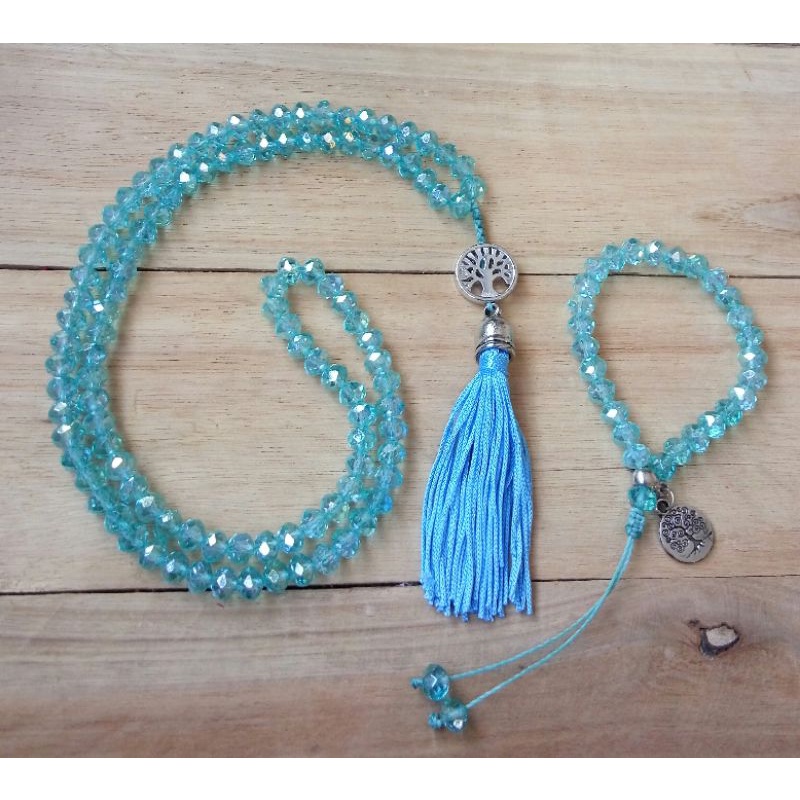 Imagem Japamala 108 Contas Cristal Azul Celeste + Pulseira 27 Contas Rosário Budista Meditação Ref:211