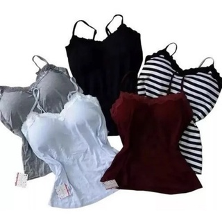 Regata Blusinha Básica Com Bojo Renda Super Linda e Confortável Moda Roupas Femininas 2022 Varias Cores Preta Branca Listrada Bordo