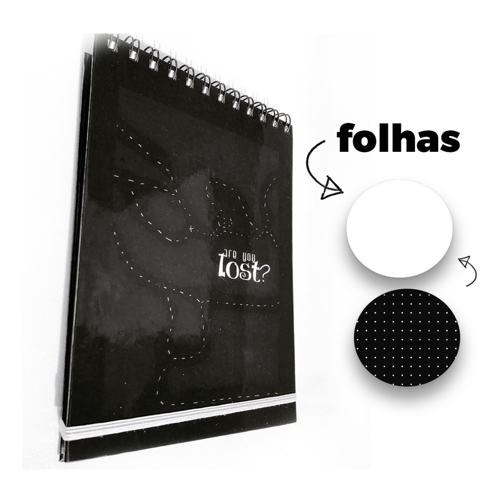 SKETCHBOOK CADERNO LOST COM FOLHAS BRANCAS E PRETAS PONTILHADAS DIFERENTE PARA DESENHAR, ESTUDAR, TRABALHAR, PINTAR, DECORAR, DIÁRIO E MUITO MAIS