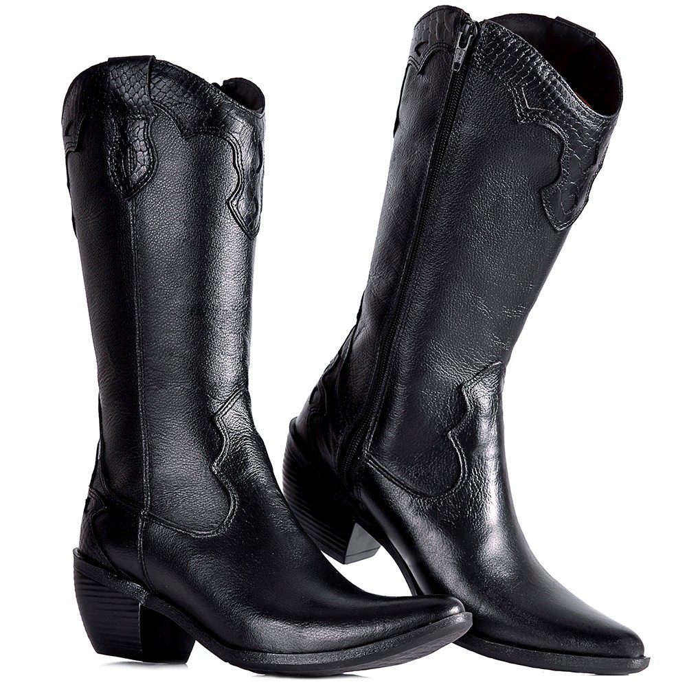 Bota Texana Feminina Cano Alto Couro Legitimo