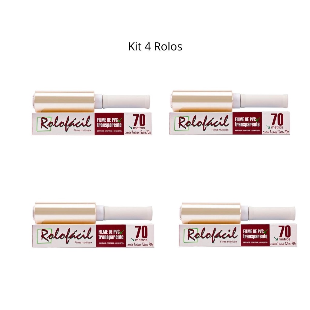 Kit 4 Rolos Filme Pvc Rolo Fácil Cabo Giratório 12cmx70m