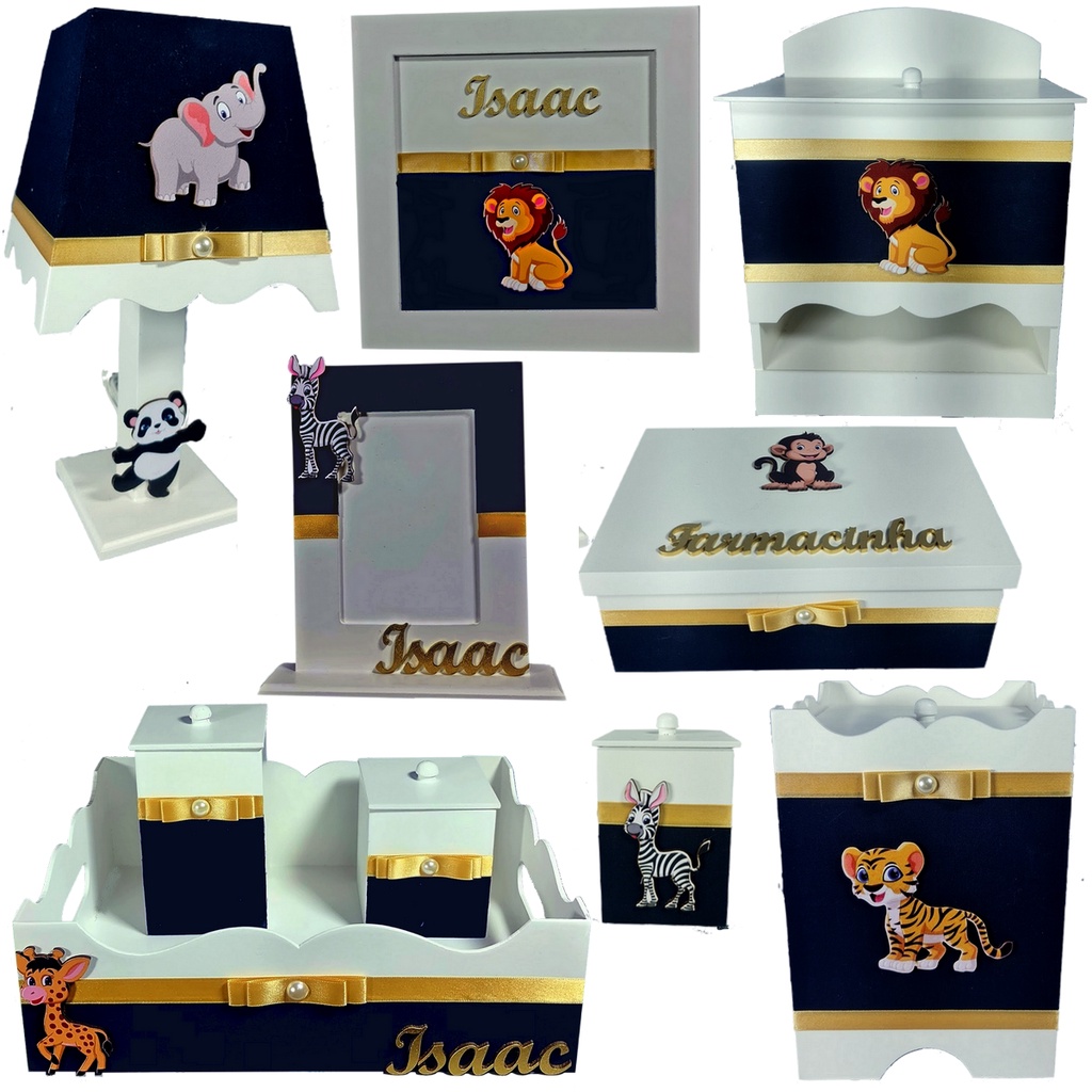 Kit Higiene Bebê Mdf 10 Pçs + 3 Nomes - Safari Azul Marinho