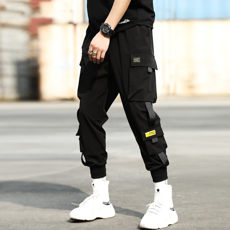 Calça Cargo Bolso Masculino Preto Hip Hop Casual Jogger Streetwear