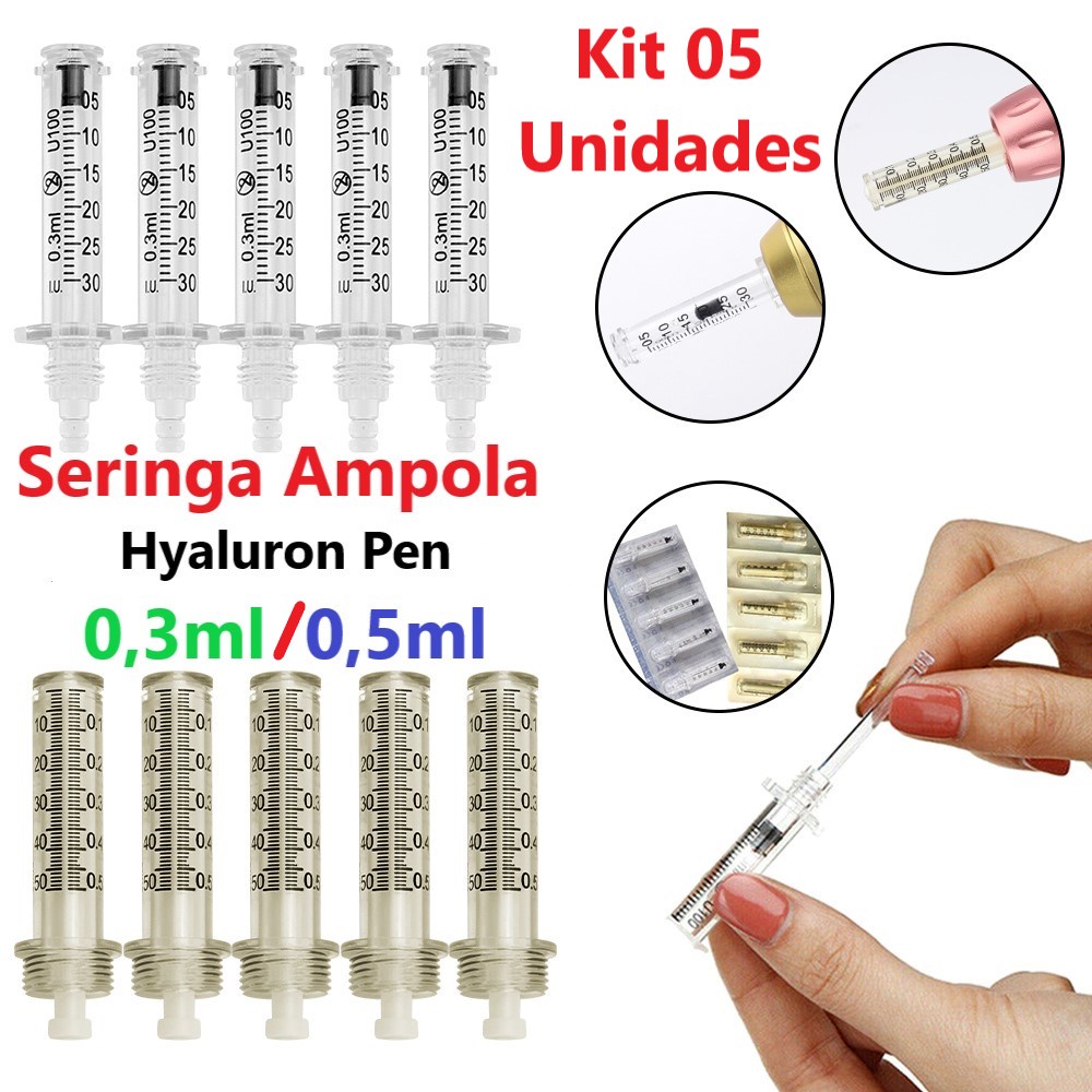 Kit 5 Seringas 0.3 ou 0.5mL ou Transferidor 0.3 ou 0.5ml para Caneta Hyaluron Pressurizada Intraderme