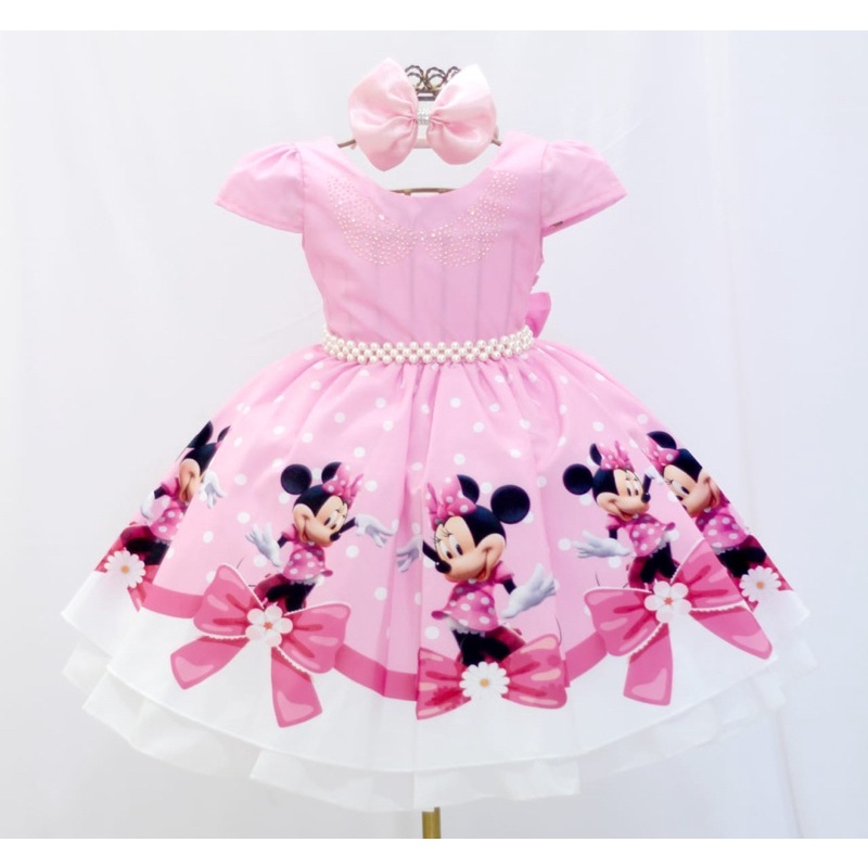 Vestido Infantil Festa Minnie Rosa Baby Com Tiara Oferta
