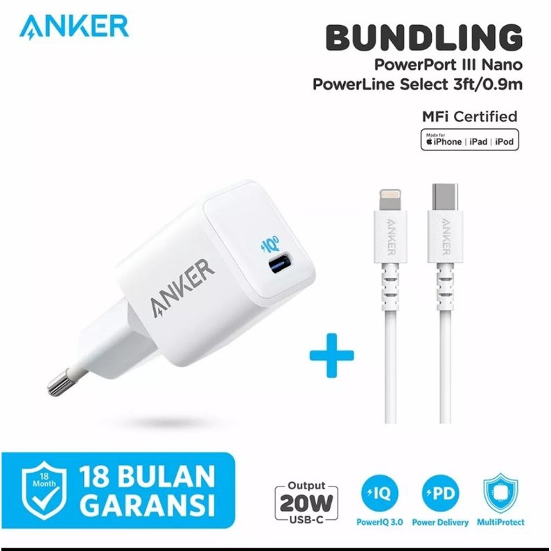 Anker 20W III Nano Powerport Carregador + Linha De Energia Selecione C Para Cabo Relâmpago