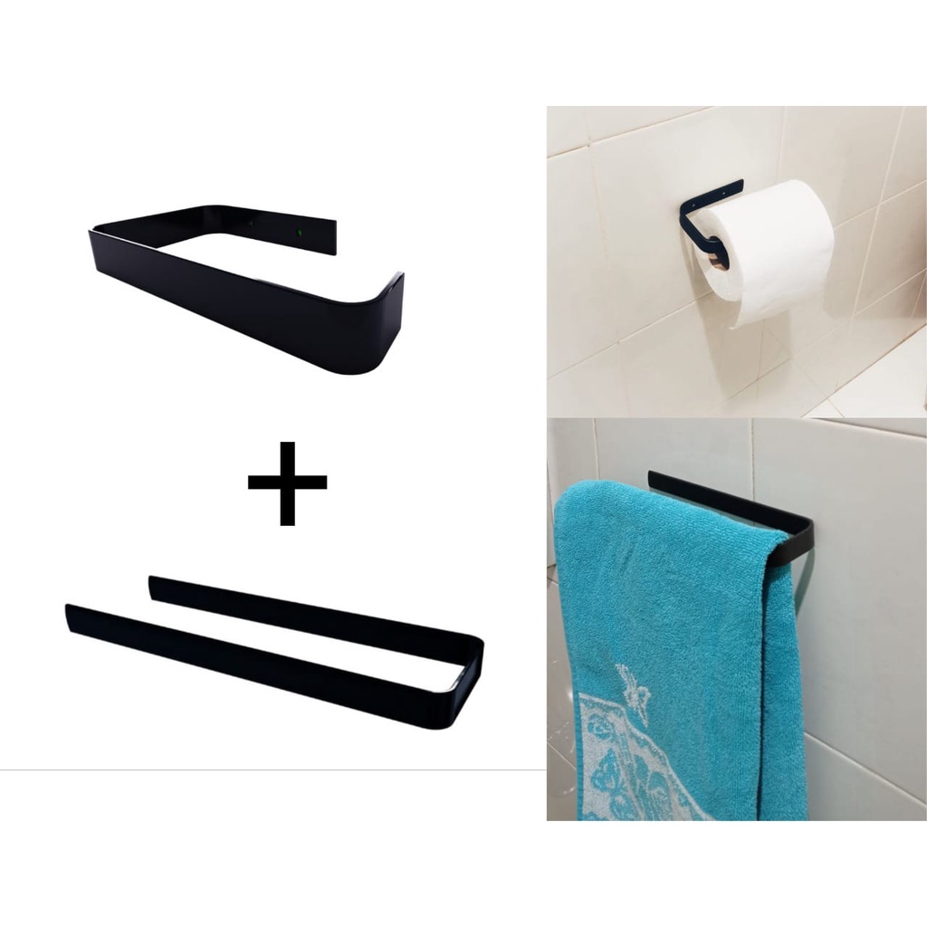 Kit acessórios para banheiro porta toalha de rosto + Papel Higiênico Preto Fosco Quadrado Adesivo