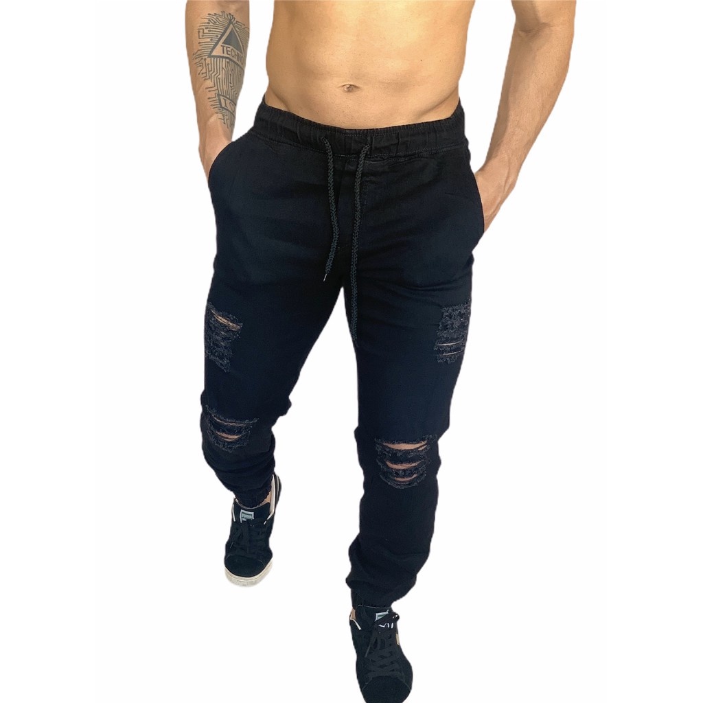 Calça Jogger Masculina Track Pants Fitness Rasgada Jeans Preta - Pronta Entrega